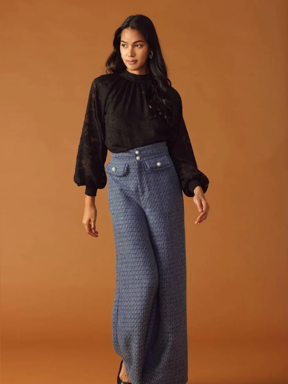 Flying Tomato High-Waist Wide Leg Tweed Pants - Blue